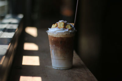 Close-up of ice cream on table