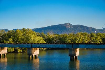 Bridge over river against clear blue sky