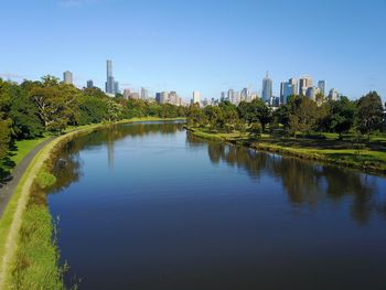 Reflection of trees on water in city