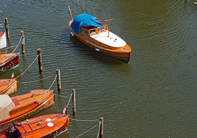 High angle view of boat moored in lake