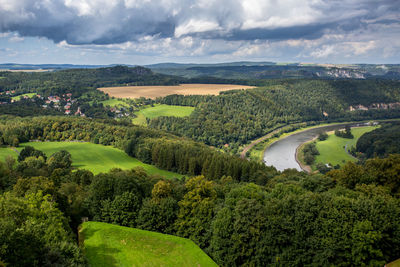High angle view of agricultural field against sky