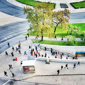 High angle view of people in town square