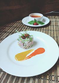 High angle view of food in plate on table