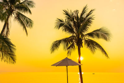 Palm tree by sea against sky during sunset