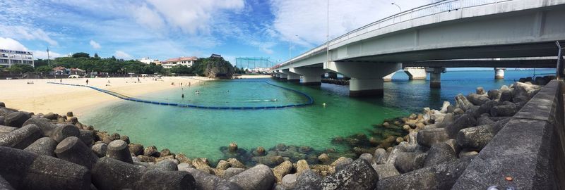 Panoramic view of bridge over sea against sky