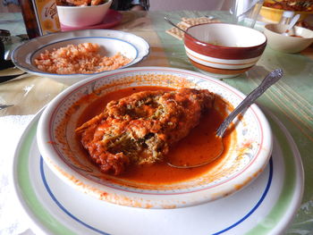 High angle view of food in plate on table