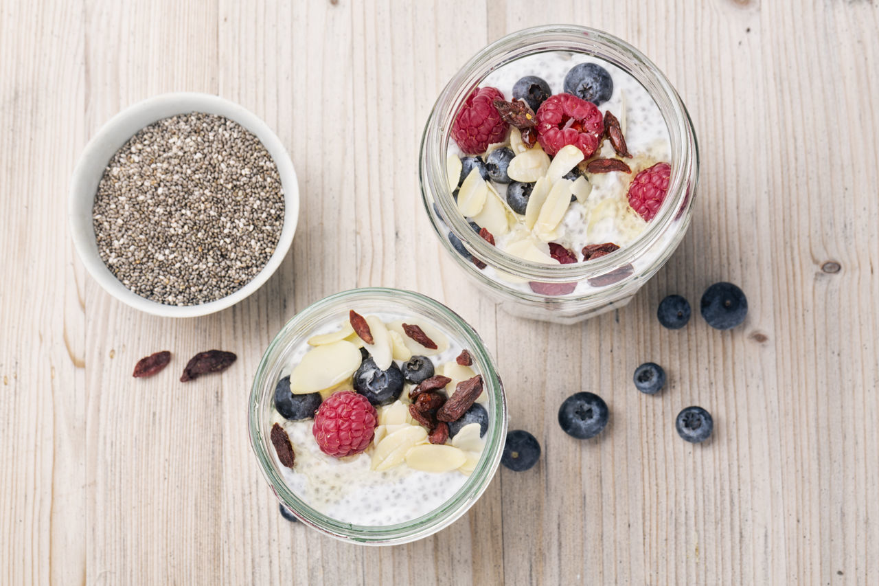 HIGH ANGLE VIEW OF BREAKFAST ON GLASS