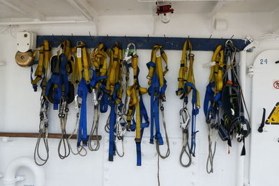 Safety gears hanging on wall