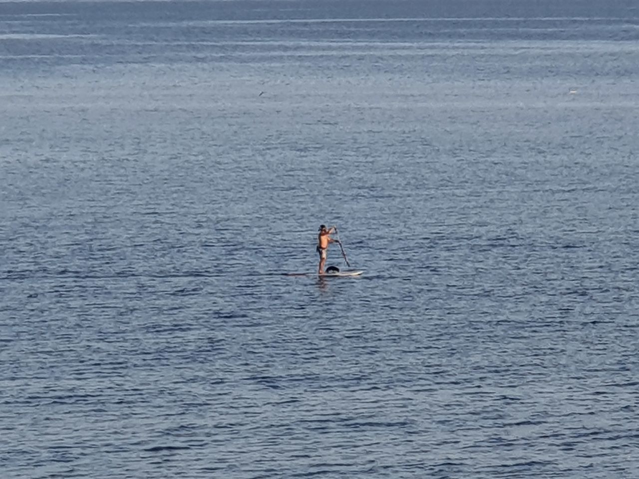 MAN SURFING IN SEA AGAINST RIPPLED WATER
