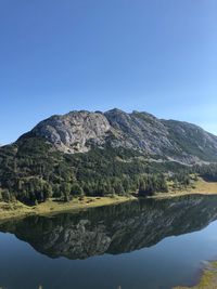 Scenic view of lake and mountains against clear blue sky