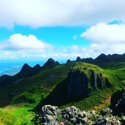 Scenic view of mountains against cloudy sky