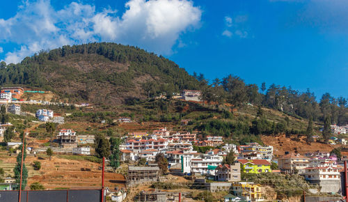 Houses in town against blue sky