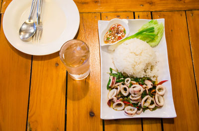 High angle view of food served on table