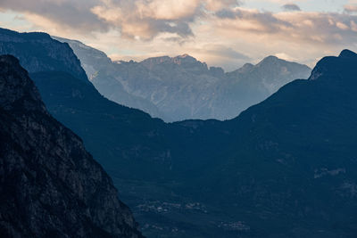 Scenic view of mountains against sky during sunset