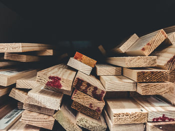 High angle view of books on wooden table