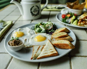 High angle view of breakfast served on table