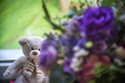 Flower bouquet by teddy bear outdoors