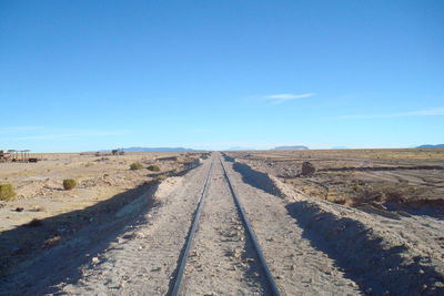 Scenic view of railroad track landscape against clear blue sky