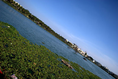 High angle view of sea against clear sky