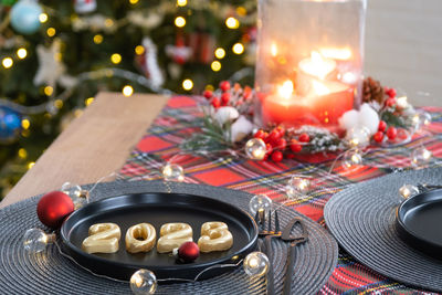 High angle view of christmas decorations on table