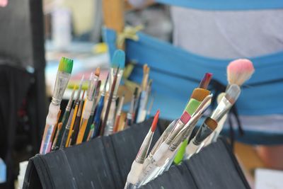 Close-up of multi colored paintbrushes