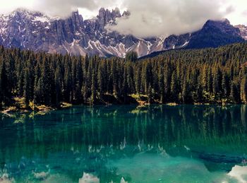 Scenic view of calm lake in front of mountains in forest