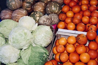 High angle view of fruits and vegetable for sale in market