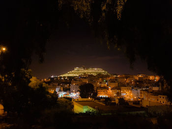 High angle view of illuminated buildings at night