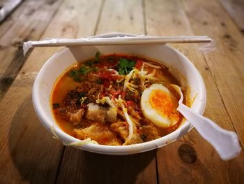 High angle view of soup in bowl on table