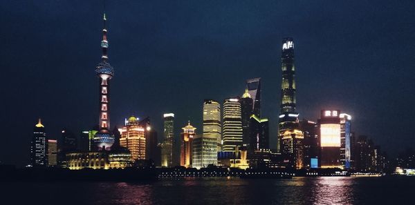 Illuminated buildings in city at night