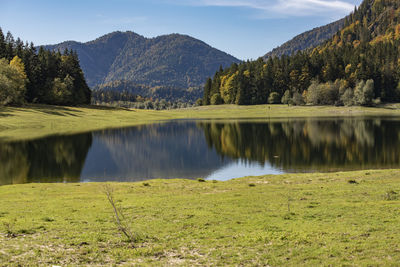 Scenic view of lake and mountains against sky