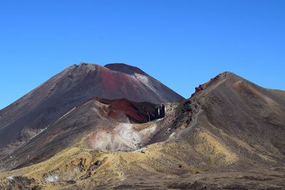 Scenic view of volcanic mountain against clear blue sky