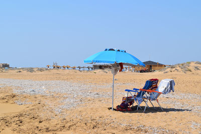 Beach umbrella against clear blue sky