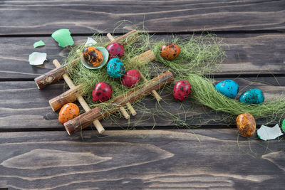 High angle view of easter eggs on table