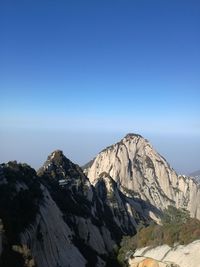 Scenic view of mountains against clear blue sky