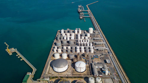 High angle view of ship moored at harbor