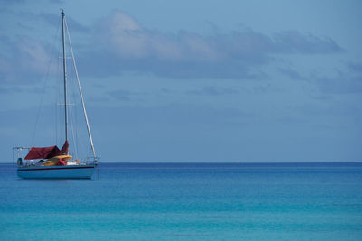 Sailboat sailing on sea against sky