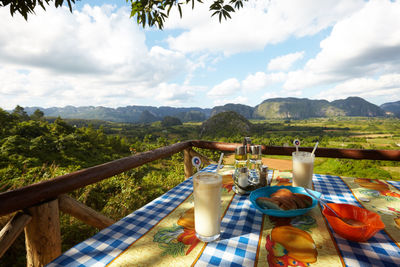 View of food on table against mountains