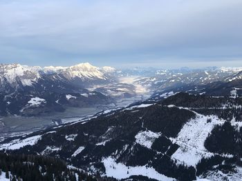 Aerial view of snowcapped mountains against sky