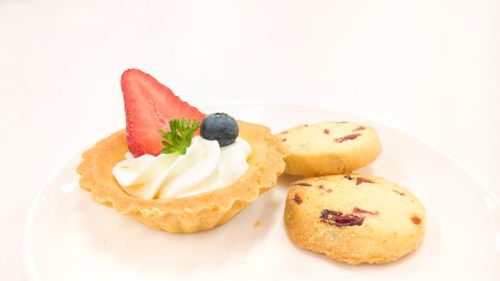 Close-up of cake on plate against white background