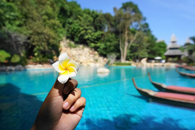 Man holding umbrella by swimming pool