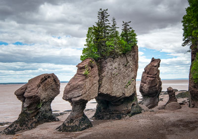 Low angle view of rock formations against sky