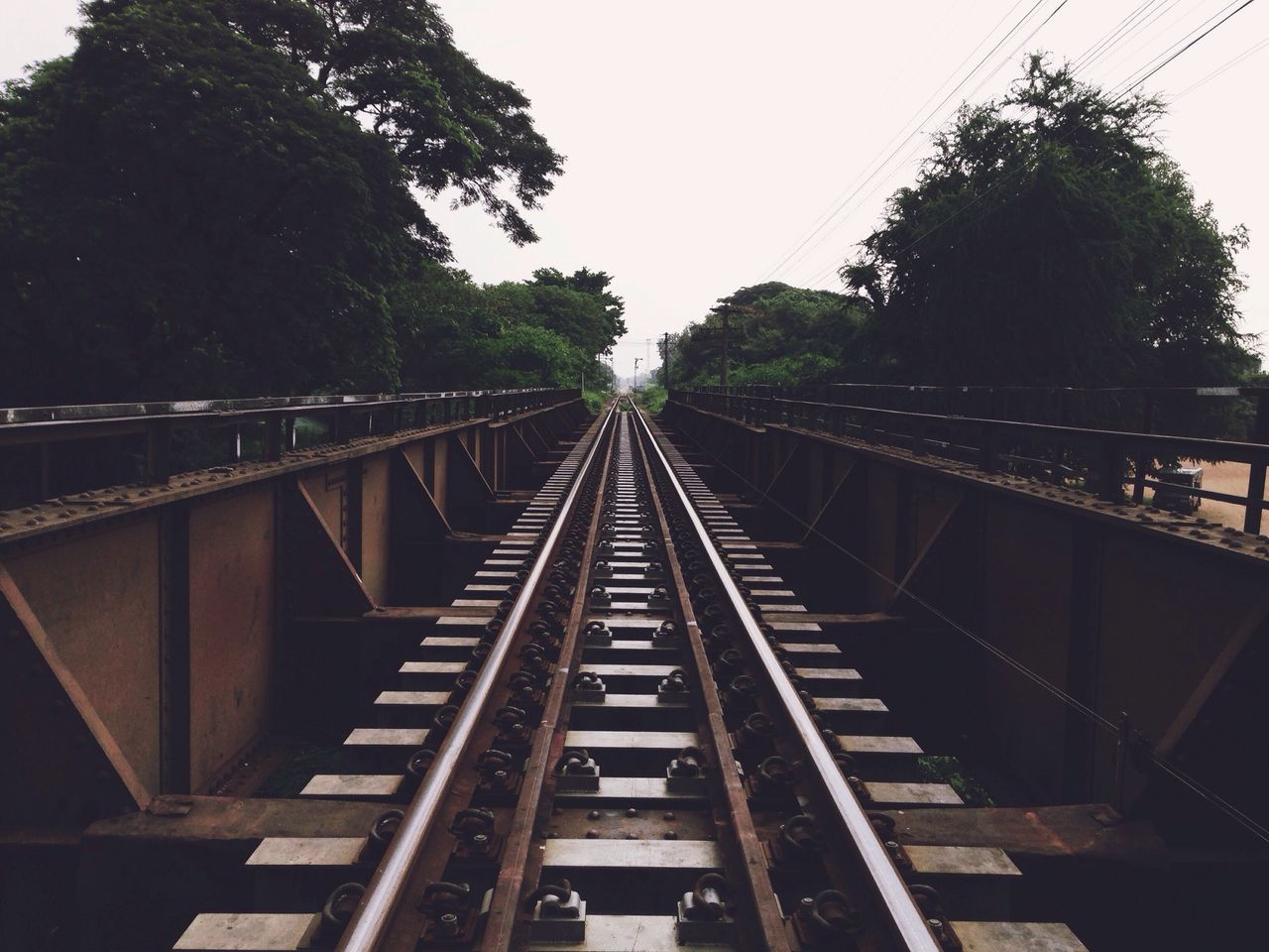 railroad track, tree, diminishing perspective, the way forward, transportation, vanishing point, rail transportation, built structure, architecture, clear sky, connection, sky, growth, metal, railing, day, railway track, outdoors, no people, long