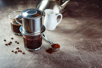 Close-up of drink in jar on table