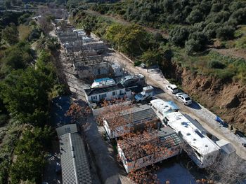 High angle view of old building amidst trees