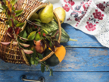 High angle view of fruits and vegetables on table