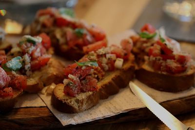 Close-up of served food on table