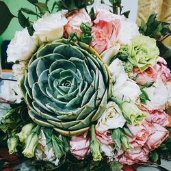 High angle view of rose bouquet in market