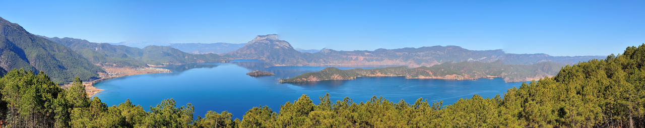 Panoramic view of lake against blue sky