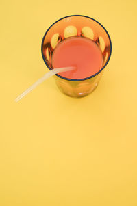 High angle view of drink in glass on table